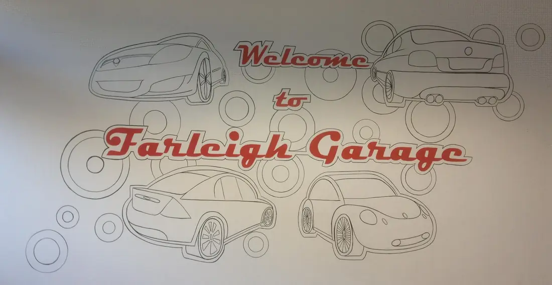 Welcome to Farleigh Garage mural in reception